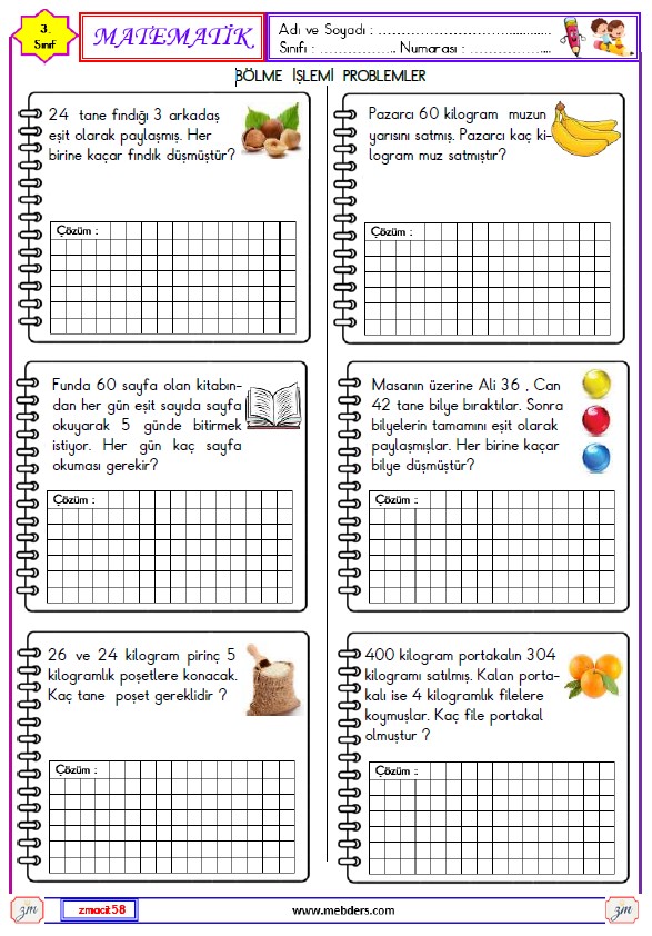 3. Sınıf Matematik Bölme İşlemi Problemler Etkinliği 1