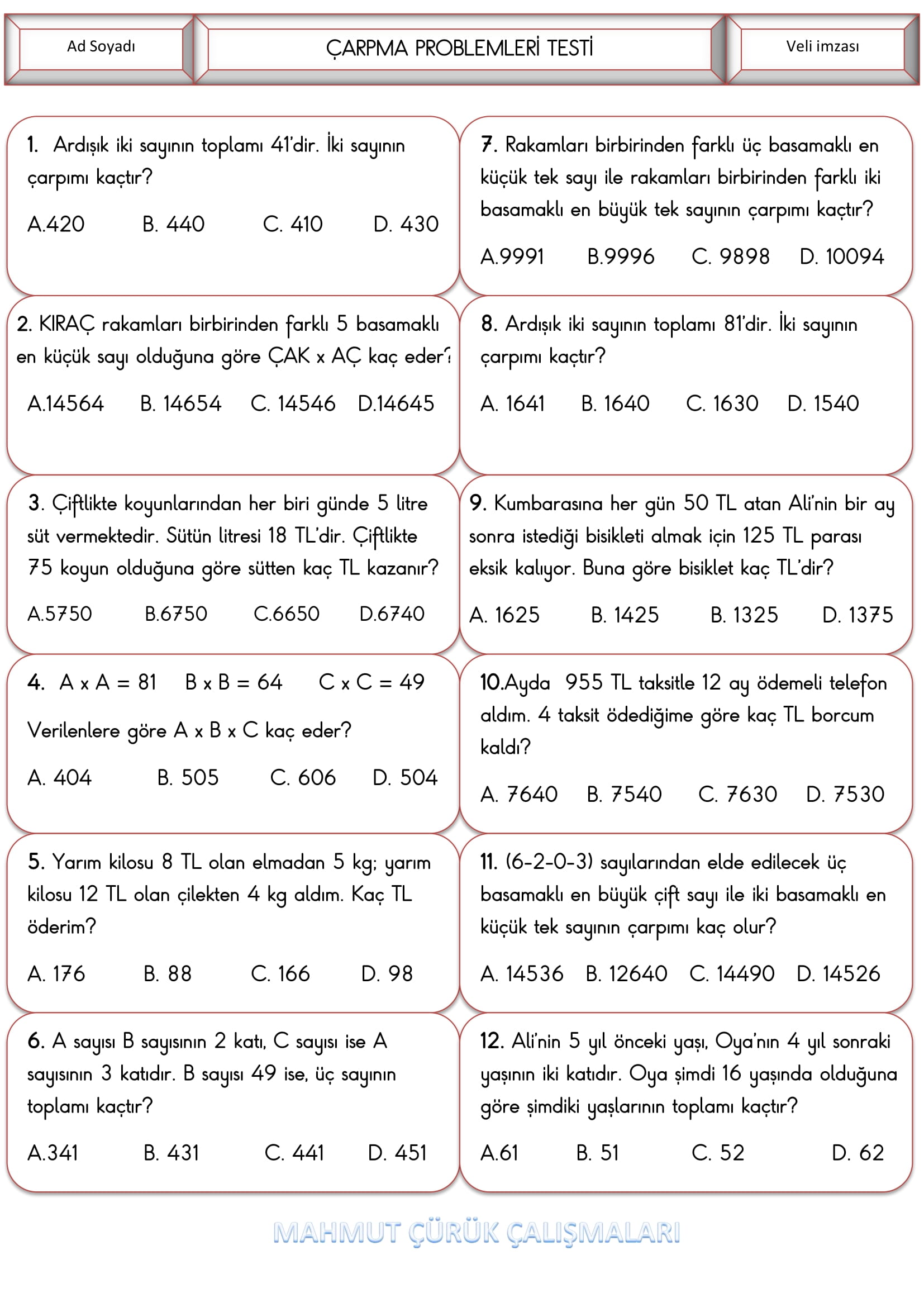 4.Sınıf - Matematik Çarpma Problemleri Testi