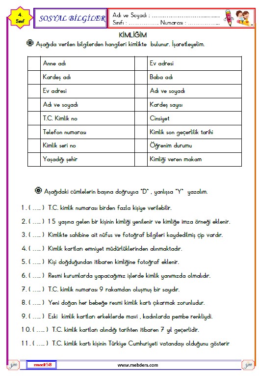 4. Sınıf Sosyal Bilgiler Kimliğim  Etkinliği