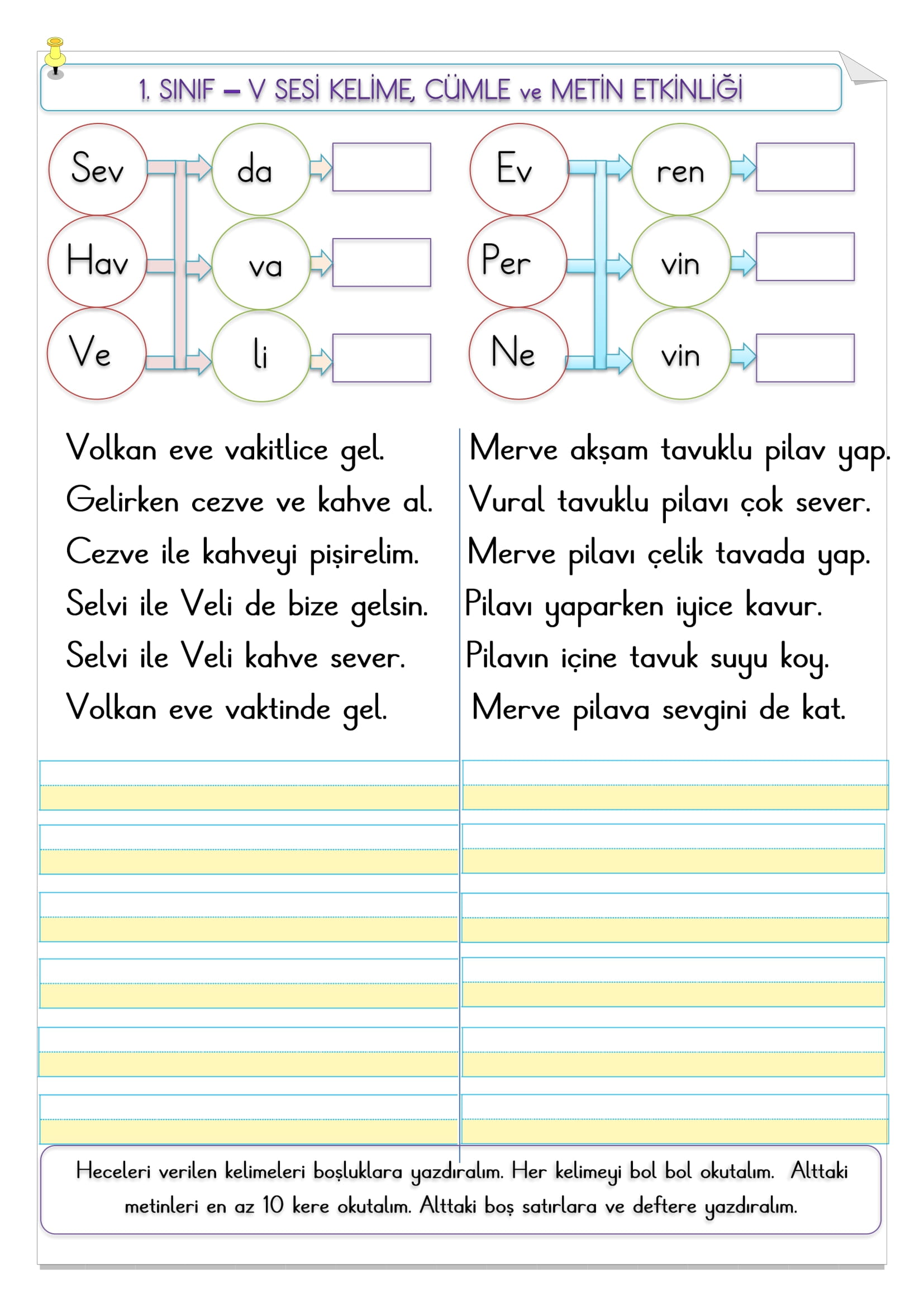 1.Sınıf  V sesi kelime, cümle ve metin etkinliği