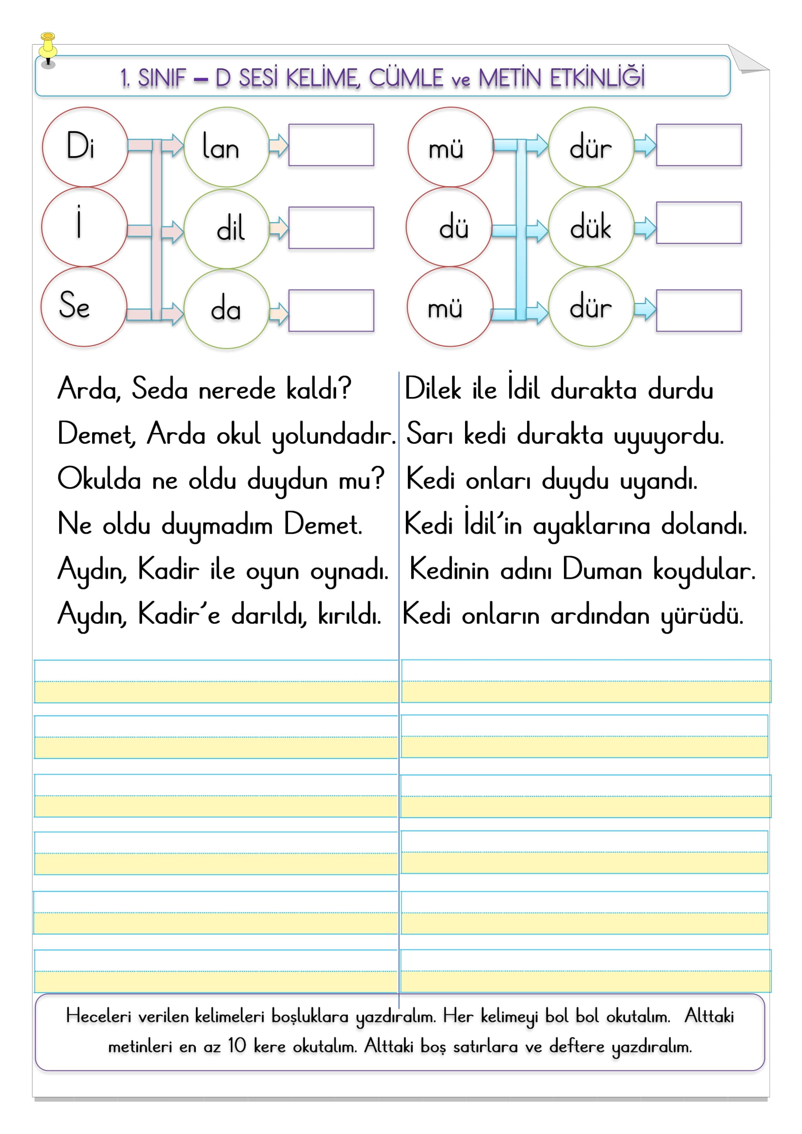 1.Sınıf İlk Okuma Yazma D Sesi Kelime, Cümle ve Metin Etkinliği