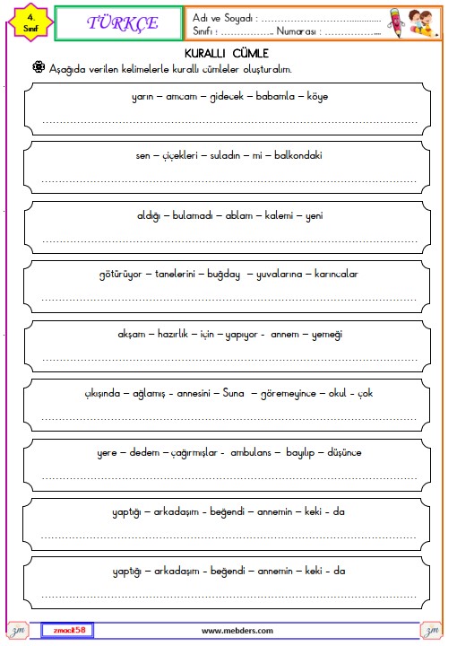 4. Sınıf Türkçe Kurallı Cümle Etkinliği