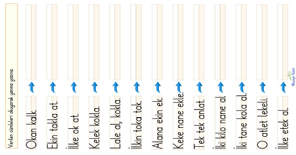 1. Sınıf İlk Okuma Yazma ( K-k Sesi ) Cümle Dikte Çalışması