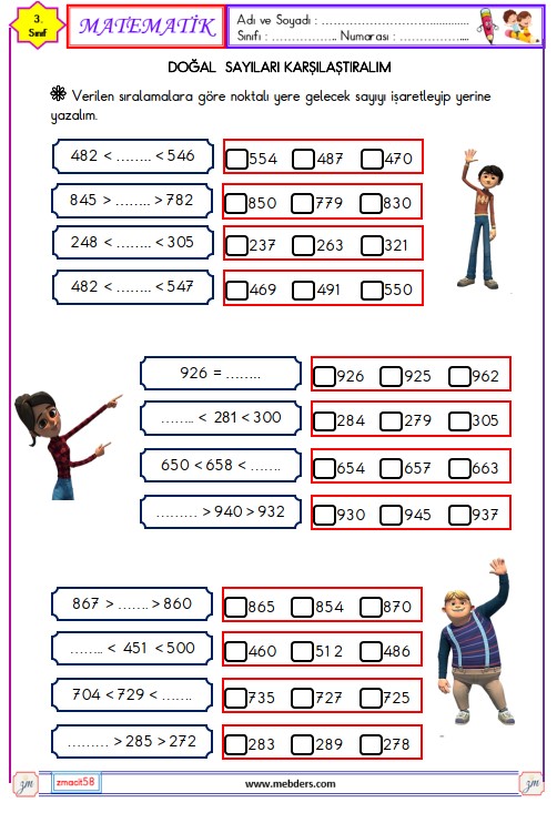 3. Sınıf Matematik Doğal Sayıları Karşılaştırma ve Sıralama Etkinliği 5