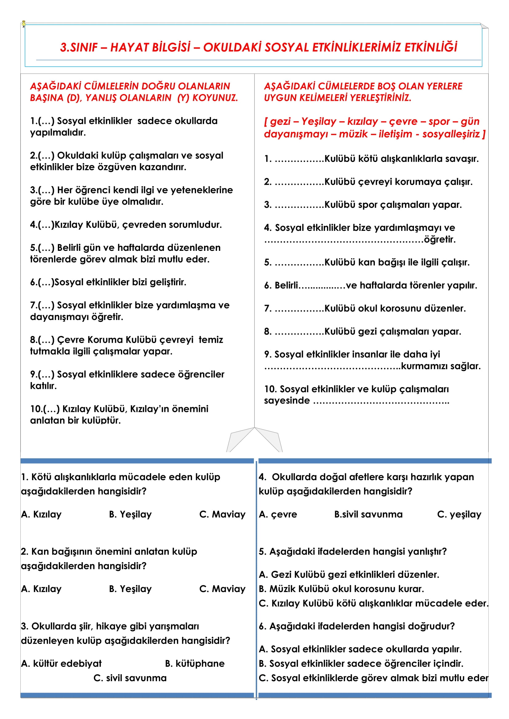 3.Sınıf - Hayat Bilgisi Okuldaki Sosyal Etkinliklerimiz Etkinliği