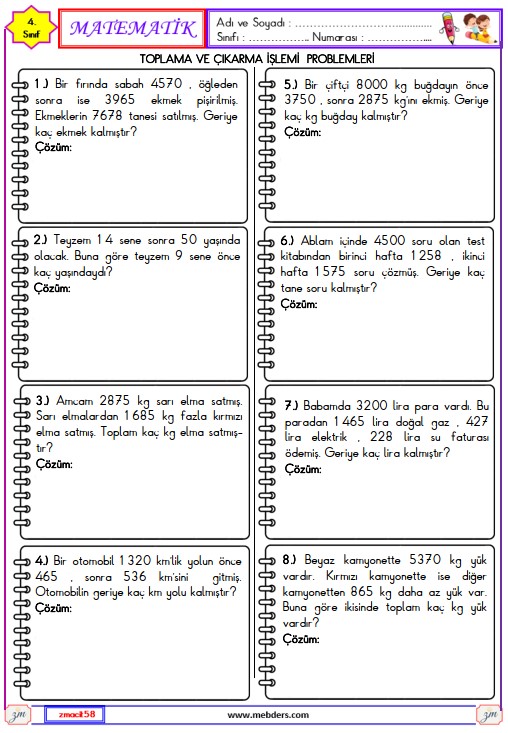 4. Sınıf Matematik Toplama ve Çıkarma İşlemi Problemleri Etkinliği 1