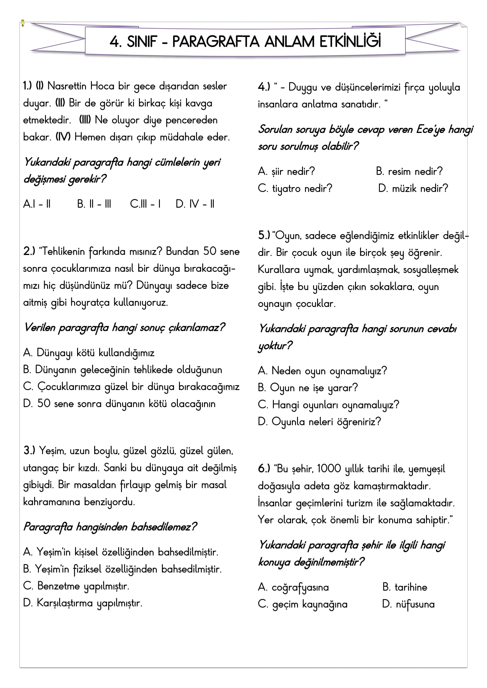 4.Sınıf - Türkçe - Paragrafta Anlam Etkinliği - 2