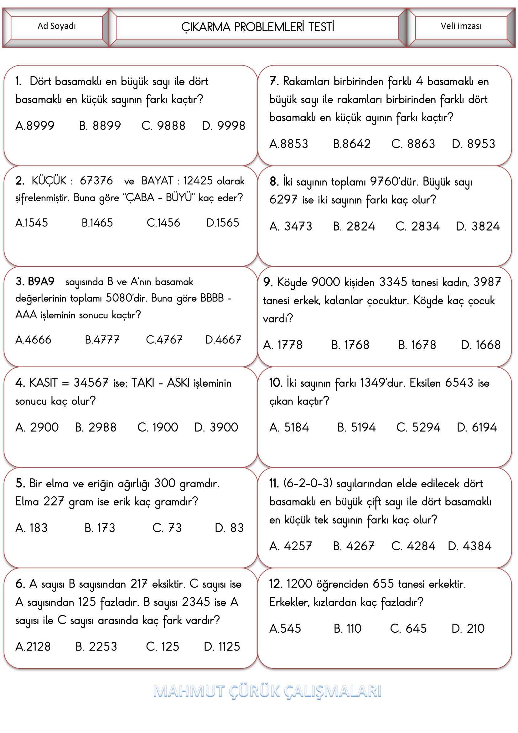 4.Sınıf - Matematik Çıkarma Problemleri-4