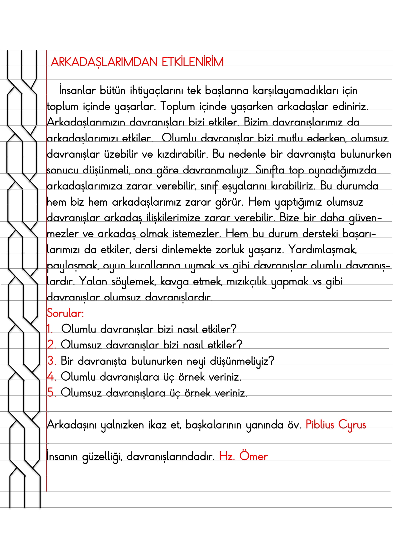 3.Sınıf - Hayat Bilgisi Arkadaşlarımdan Etkilenirim Defter Özeti