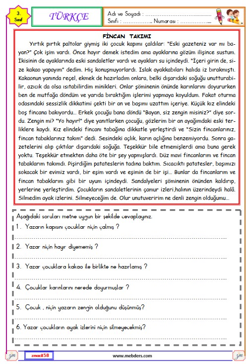 3. Sınıf Türkçe Okuma ve Anlama Metni Etkinliği 5 (Fincan Takımı)