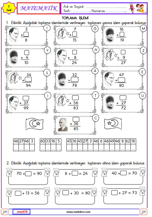 2. Sınıf Matematik Verilmeyen Toplananı Bulma Etkinliği 2