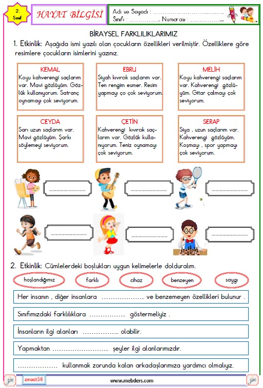 2. Sınıf Hayat Bilgisi Bireysel Farklılıklarımız Etkinliği