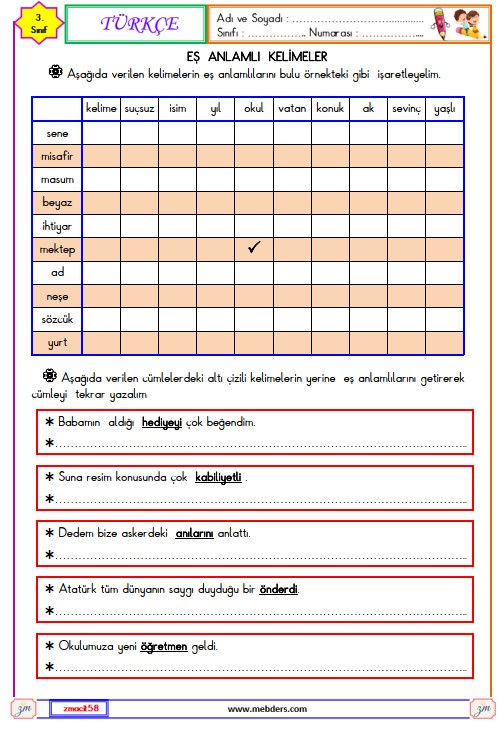 3. Sınıf Türkçe Eş Anlamlı Kelimeler Etkinliği 1