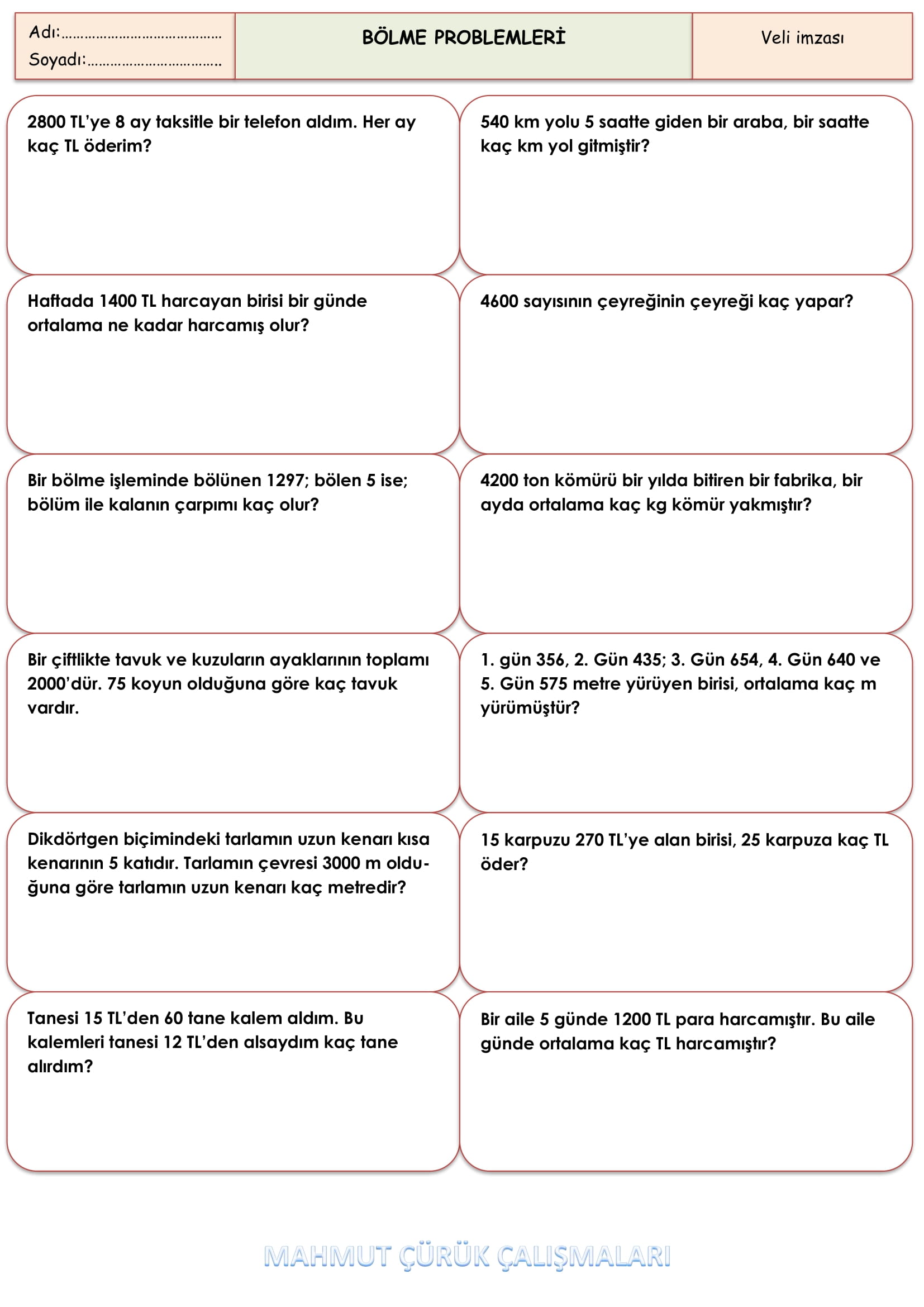 4.Sınıf - Matematik Bölme Problemleri-1