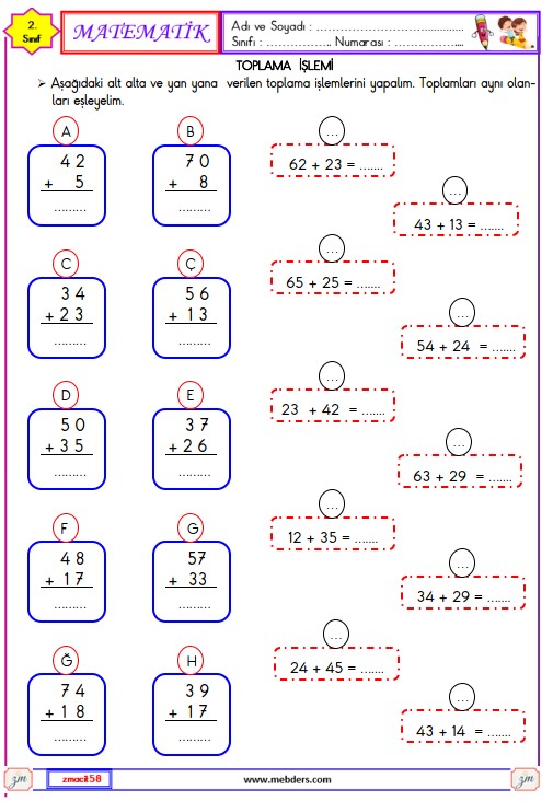 2. Sınıf Matematik Toplama İşlemi Etkinliği 2