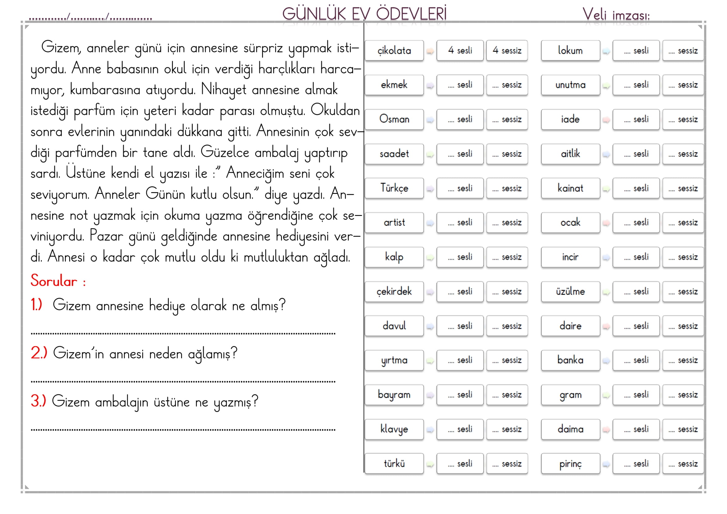 1.Sınıf 12 Mart 2025 Günlük Ev Ödevi