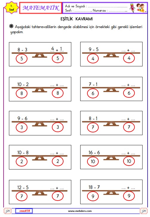 1. Sınıf Matematik Eşitlik Etkinliği 7