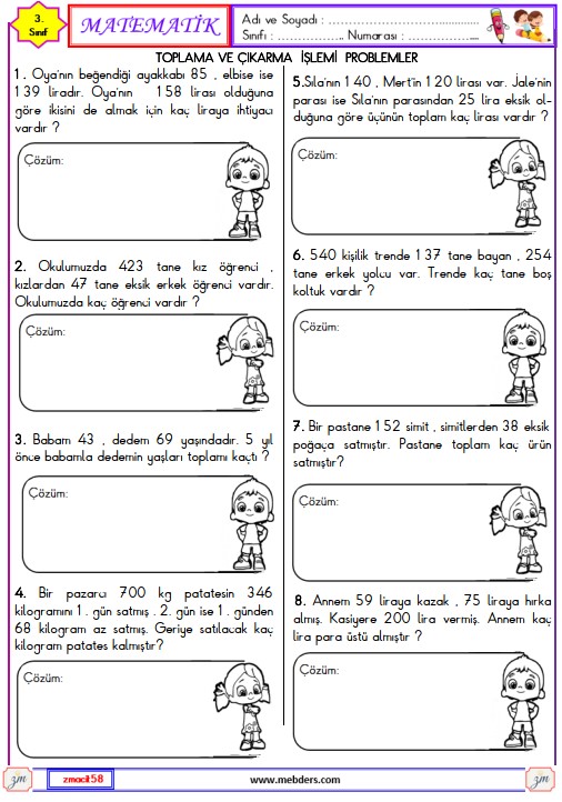 3. Sınıf Matematik Toplama ve Çıkarma İşlemi Problemleri Etkinliği 3