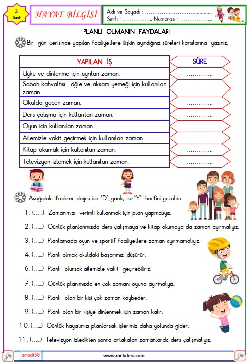 3. Sınıf Hayat Bilgisi Planlı Olmanın Faydaları Etkinliği