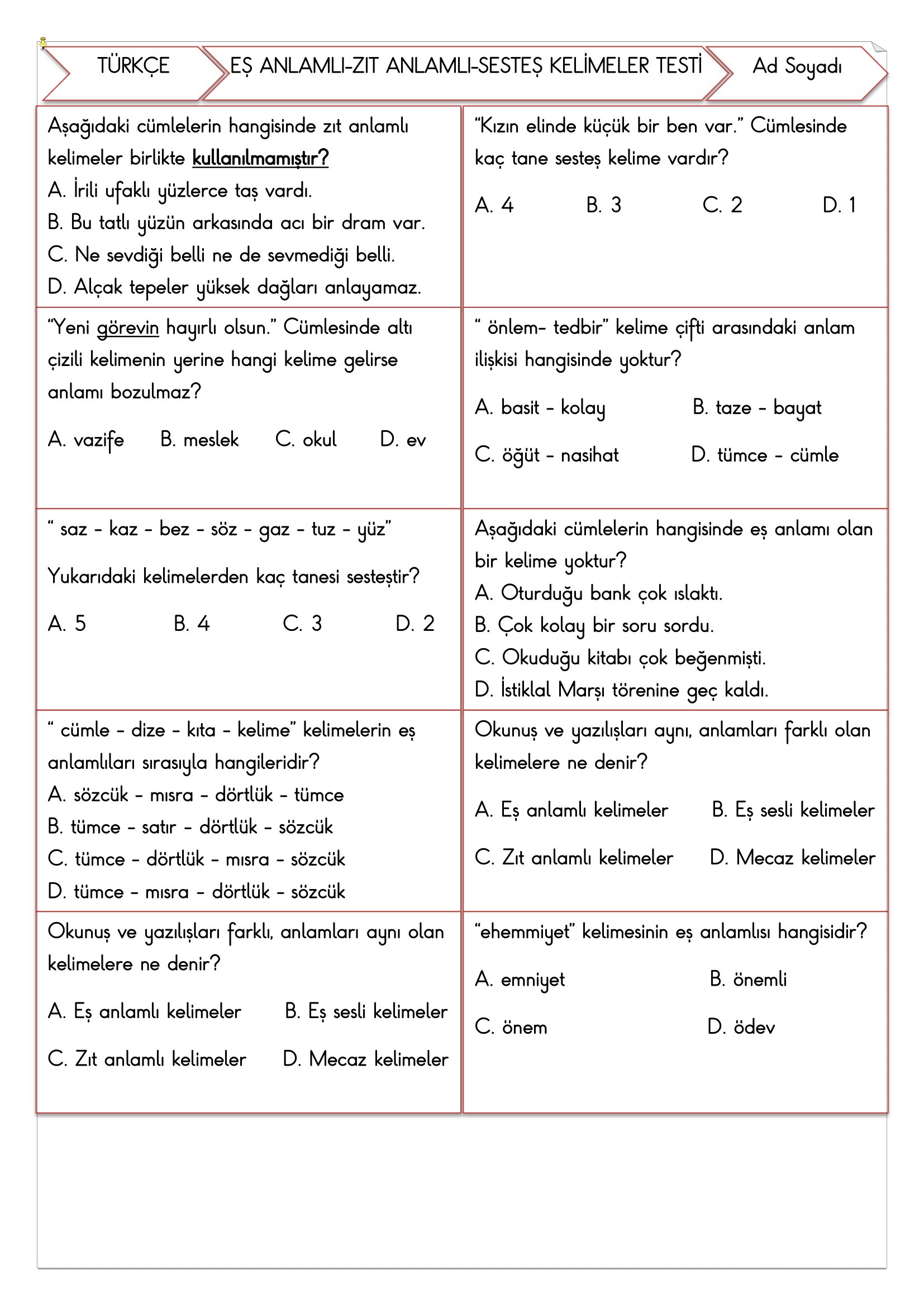 4.Sınıf Türkçe Eş Anlamlı-Zıt Anlamlı- Sesteş Kelimeler Testi