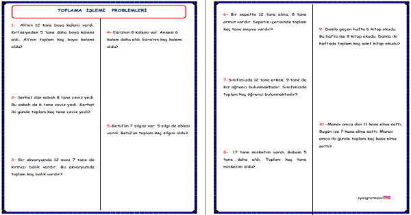 1. Sınıf Matematik Toplama İşlemi Problemleri -10