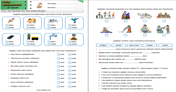 3.Sınıf Fen Bilimleri Sesin İşitmedeki Rolü (Sesin Şiddeti) Etkinliği 2