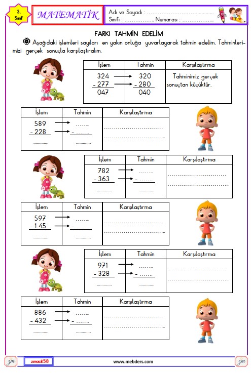 3. Sınıf Matematik Farkı Tahmin Edelim Etkinliği 2