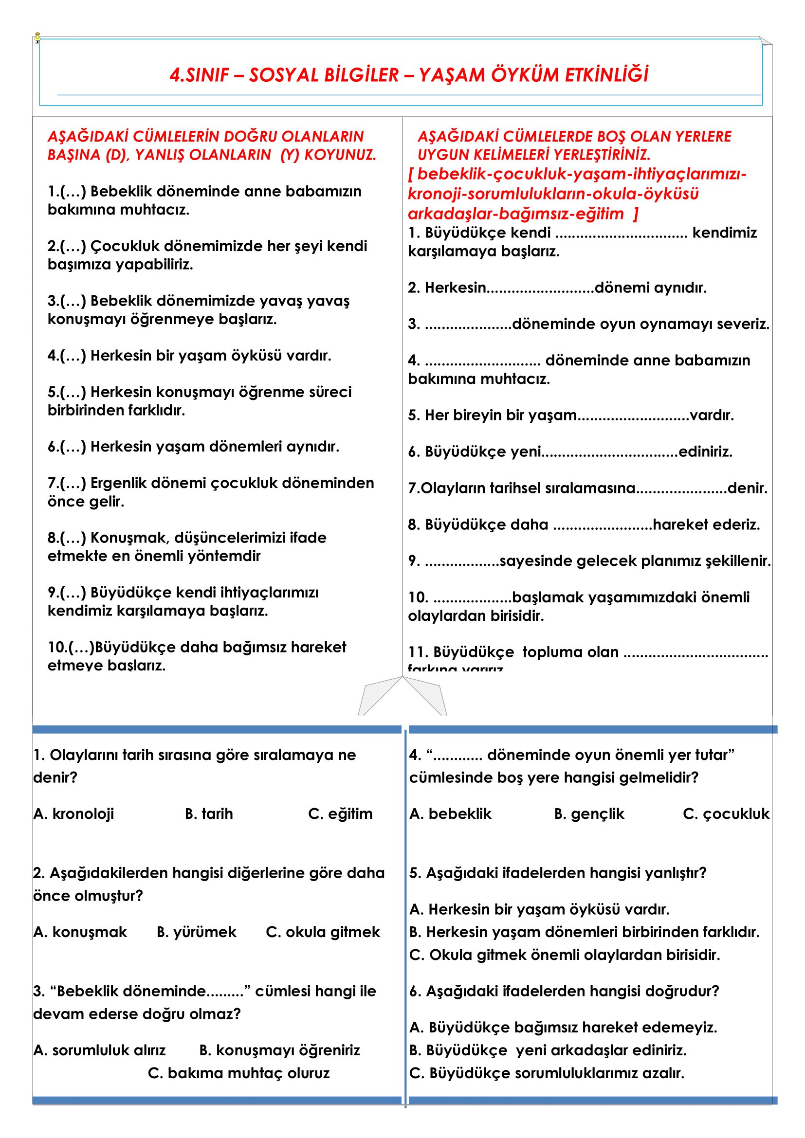 4.Sınıf - Sosyal Bilgiler - Yaşam Öyküm Etkinliği