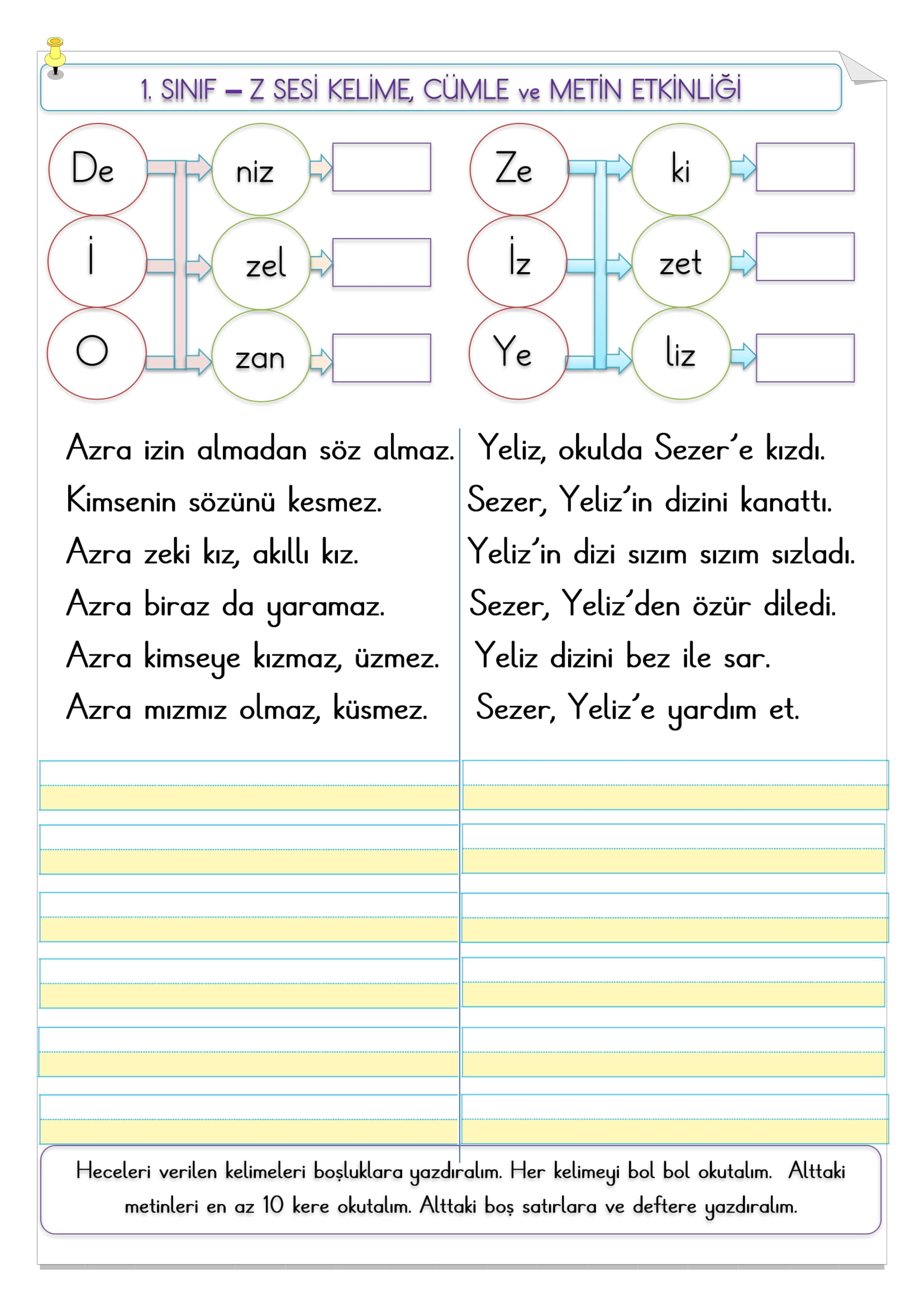 1.Sınıf  İlk Okuma Yazma Z Sesi Kelime, Cümle ve Metin Etkinliği