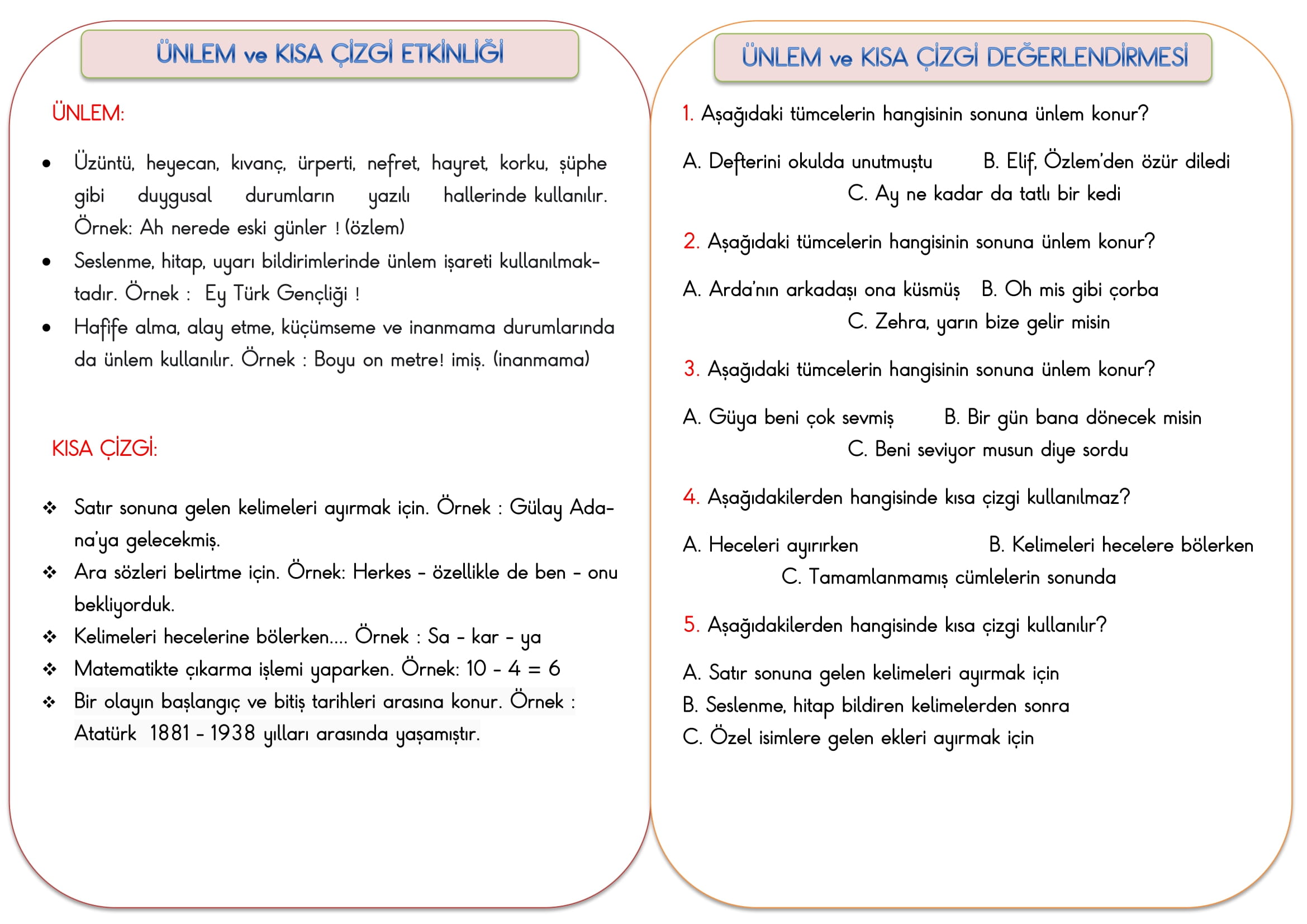 2.Sınıf Türkçe DilBilgisi Ünlem ve Kısa Çizgi Konu Özeti