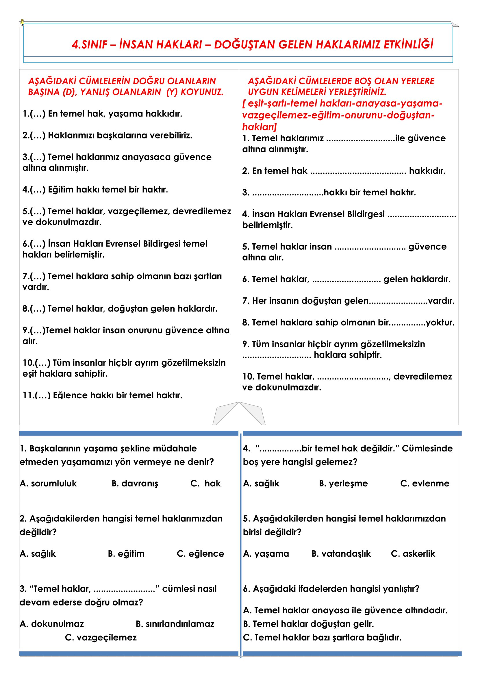 4.Sınıf - İnsan Hakları Doğuştan Gelen Haklarımız  Etkinliği