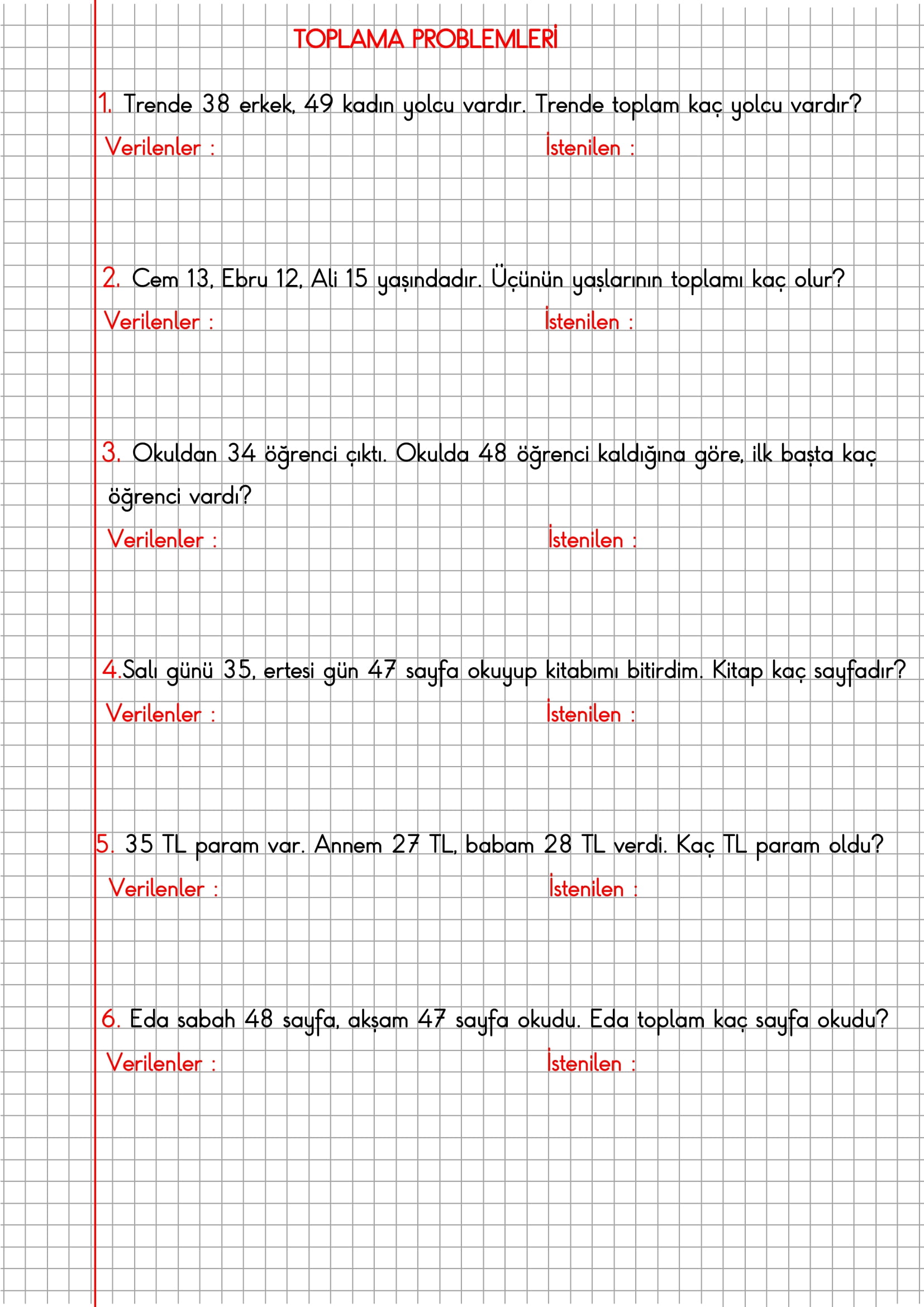 2.Sınıf Matematik Kareli Defterde Toplama Problemlerii