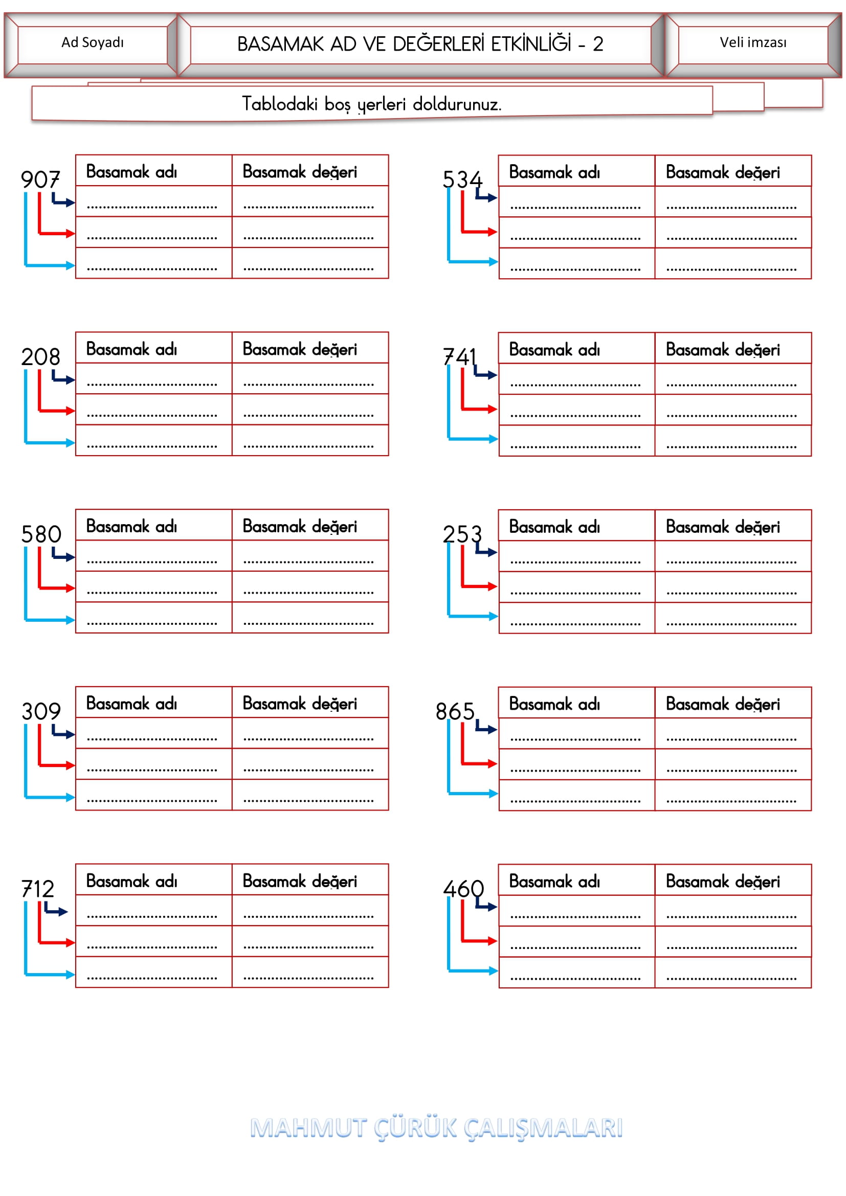 3.Sınıf - Matematik Basamak Ad ve Değerleri Etkinliği-2