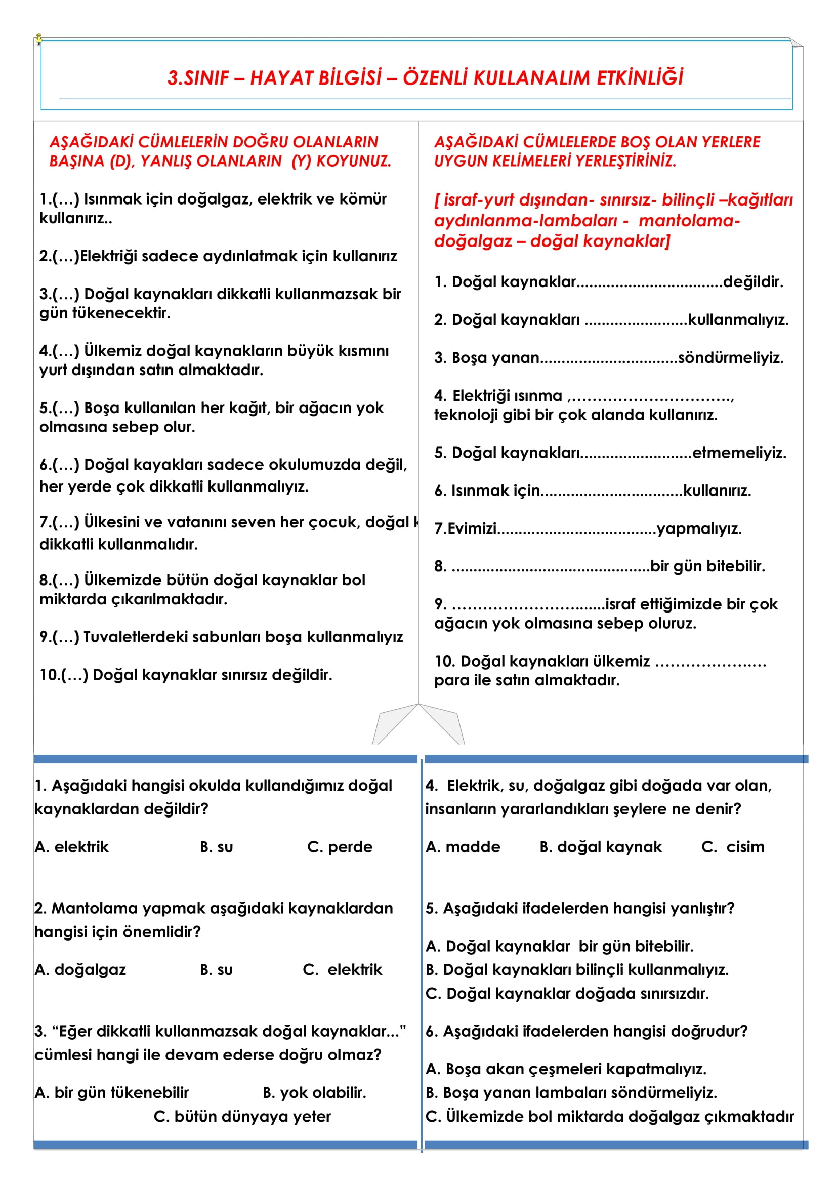 3.Sınıf - Hayat Bilgisi Özenle Kullanalım Etkinliği