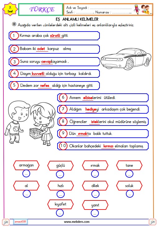 2. Sınıf Türkçe Eş Anlamlı Kelimeler Etkinliği