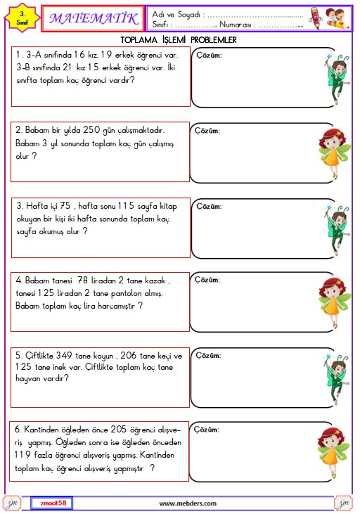 3. Sınıf Matematik Toplama İşlemi Problemler Etkinliği 3