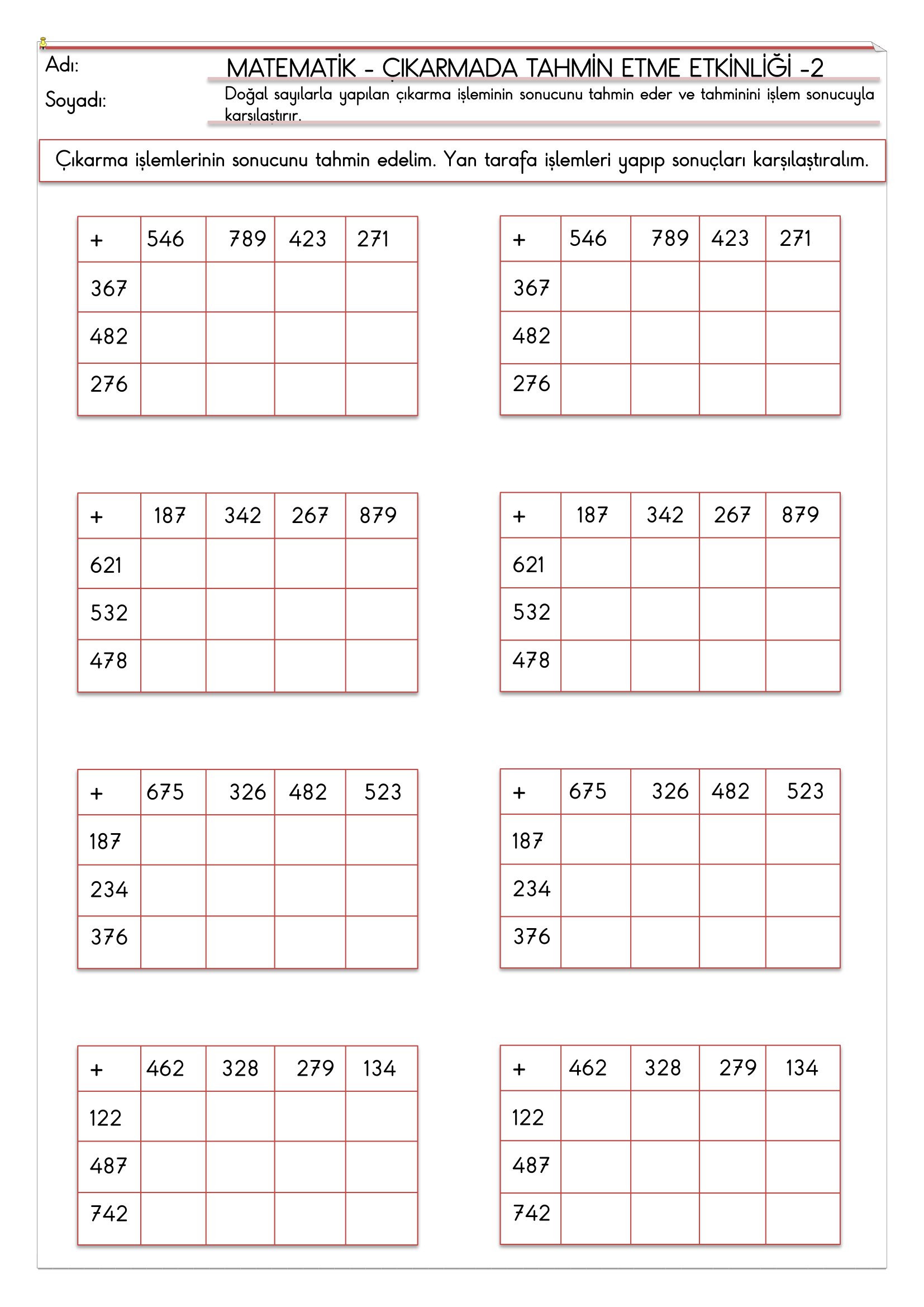 4.Sınıf - Matematik - Çıkarmada Tahmin Etme Etkinliği-2