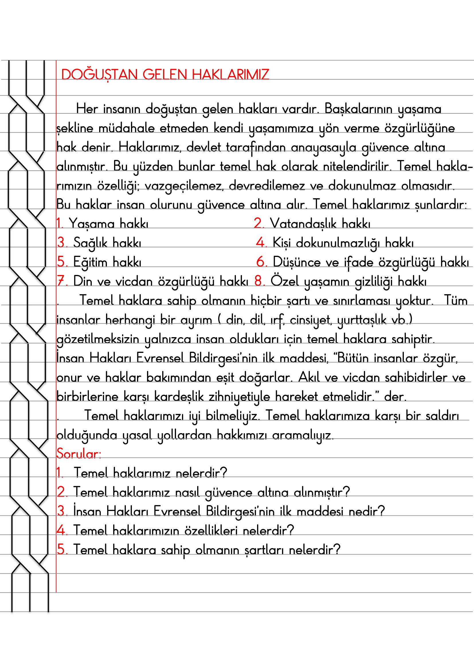 4.Sınıf - İnsan Hakları Doğuştan Gelen Haklarımız Defter Özeti