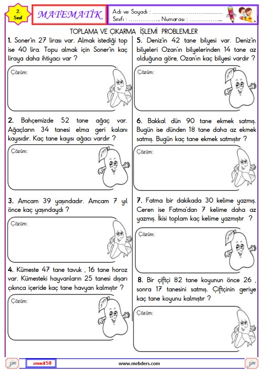 2. Sınıf Matematik Toplama ve Çıkarma İşlemi Problemleri Etkinliği 2