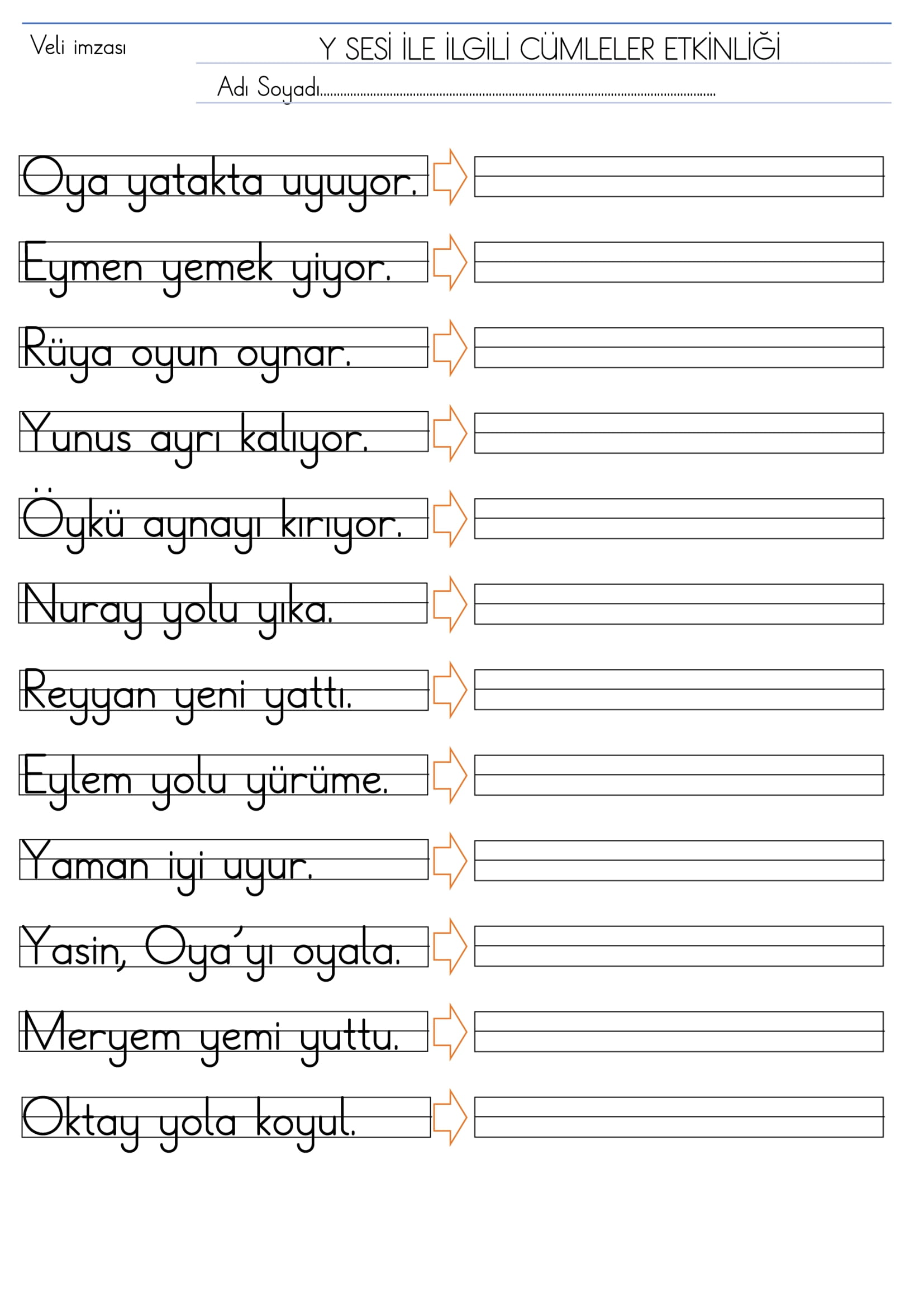 1.Sınıf İlk Okuma Yazma Y Sesi Cümleler Etkinliği