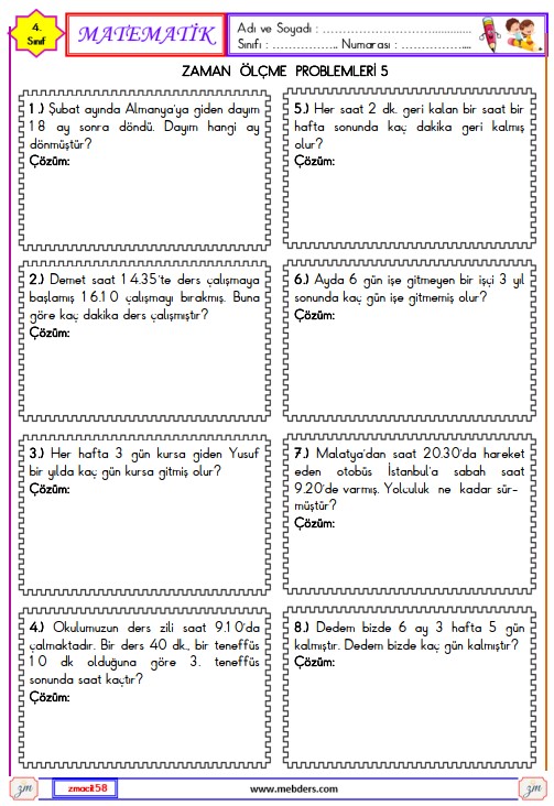 4. Sınıf Matematik Zaman Ölçme Problemleri Etkinliği 15