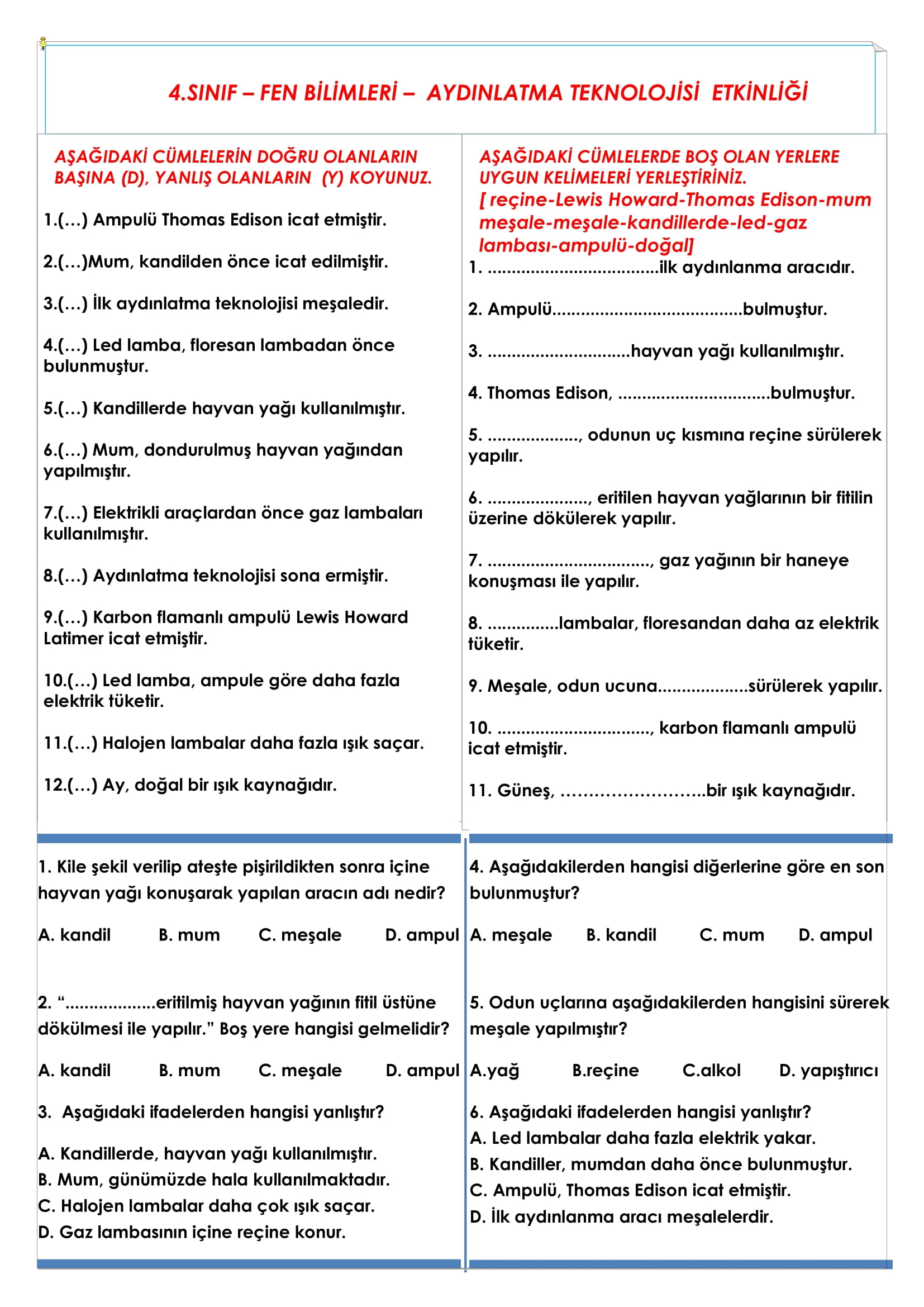 4.Sınıf Fen Bilimleri Aydınlatma Teknolojisi Etkinliği