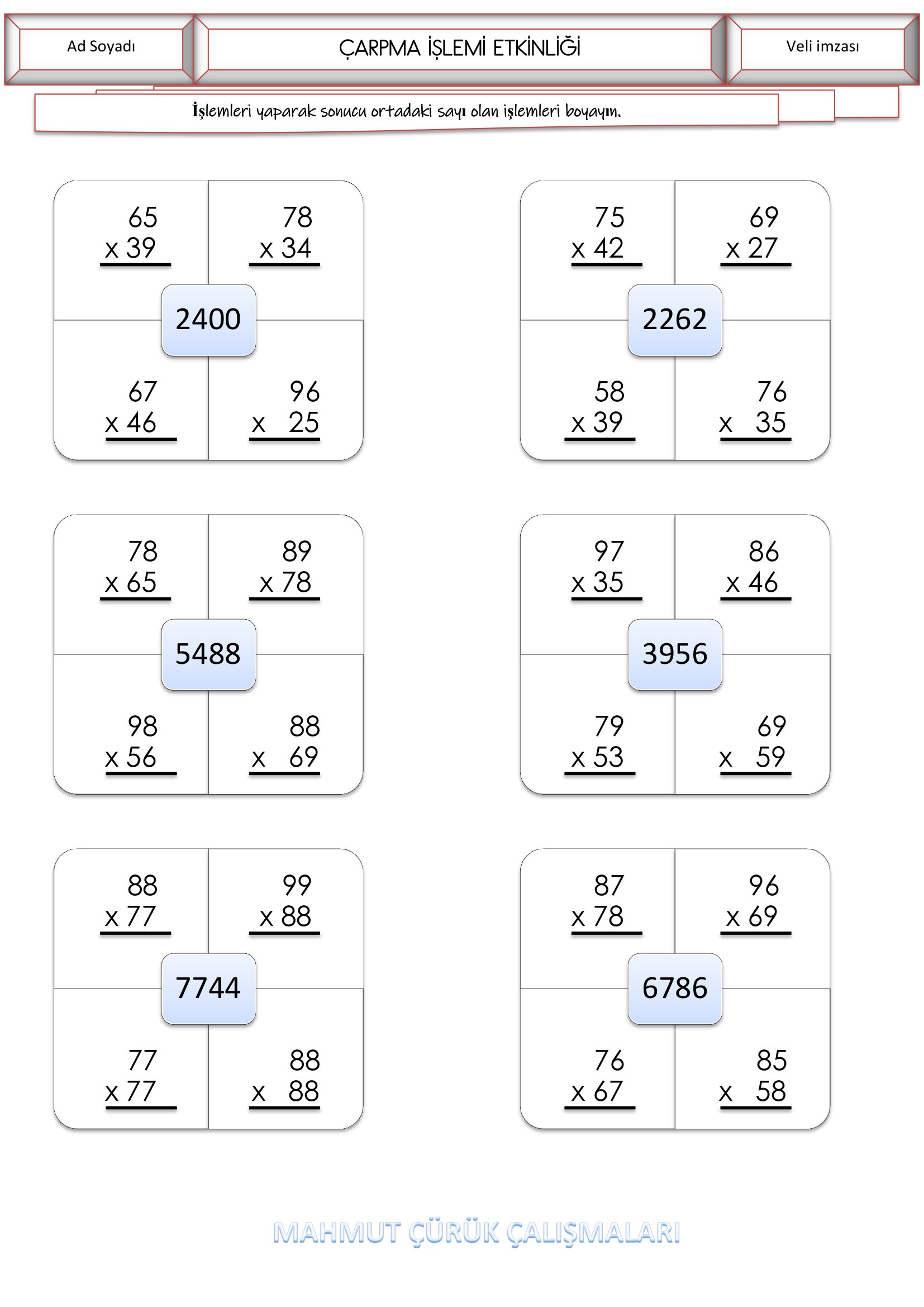 4.Sınıf Matematik Çarpma İşlemi Etkinliği-2