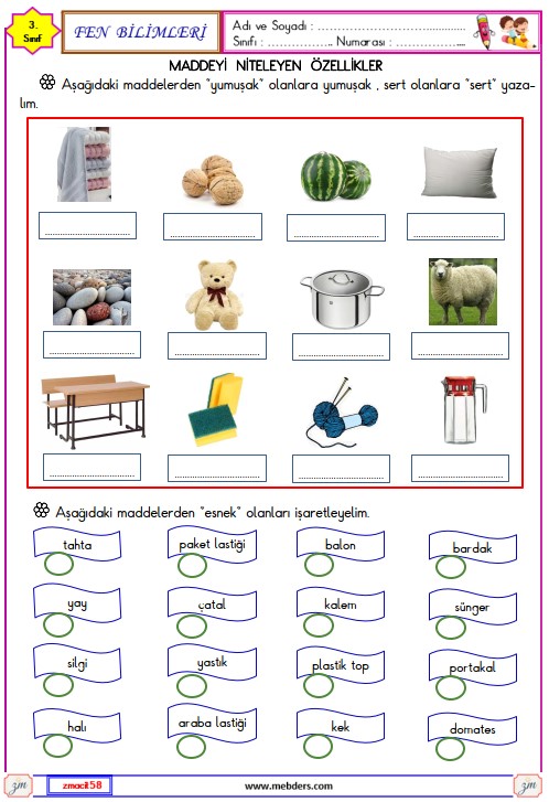 3. Sınıf Fen Bilimleri Maddeyi Niteleyen Özellikler Etkinliği 1