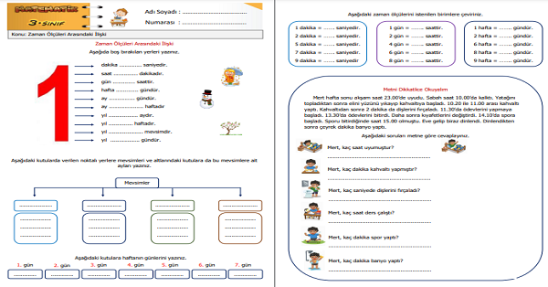 3.Sınıf Matematik Zaman Ölçü Birimleri Arasındaki İlişkiler Etkinliği 1
