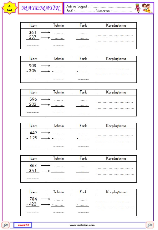 4. Sınıf Matematik Çıkarma İşleminin Sonucunu Tahmin Edelim Etkinliği 2