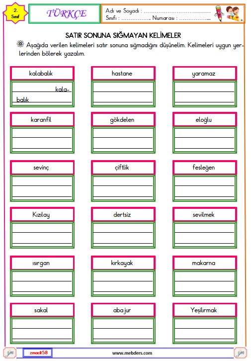 2. Sınıf Türkçe Satır Sonuna Sığmayan Kelimeler Etkinliği 8