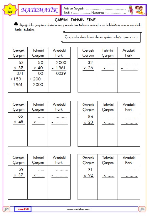 4. Sınıf Matematik Çarpımı Tahmin Etme Etkinliği