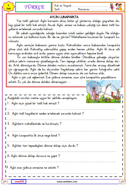 3. Sınıf Türkçe Okuma ve Anlama Metni Etkinliği (Aylin Lunaparkta)