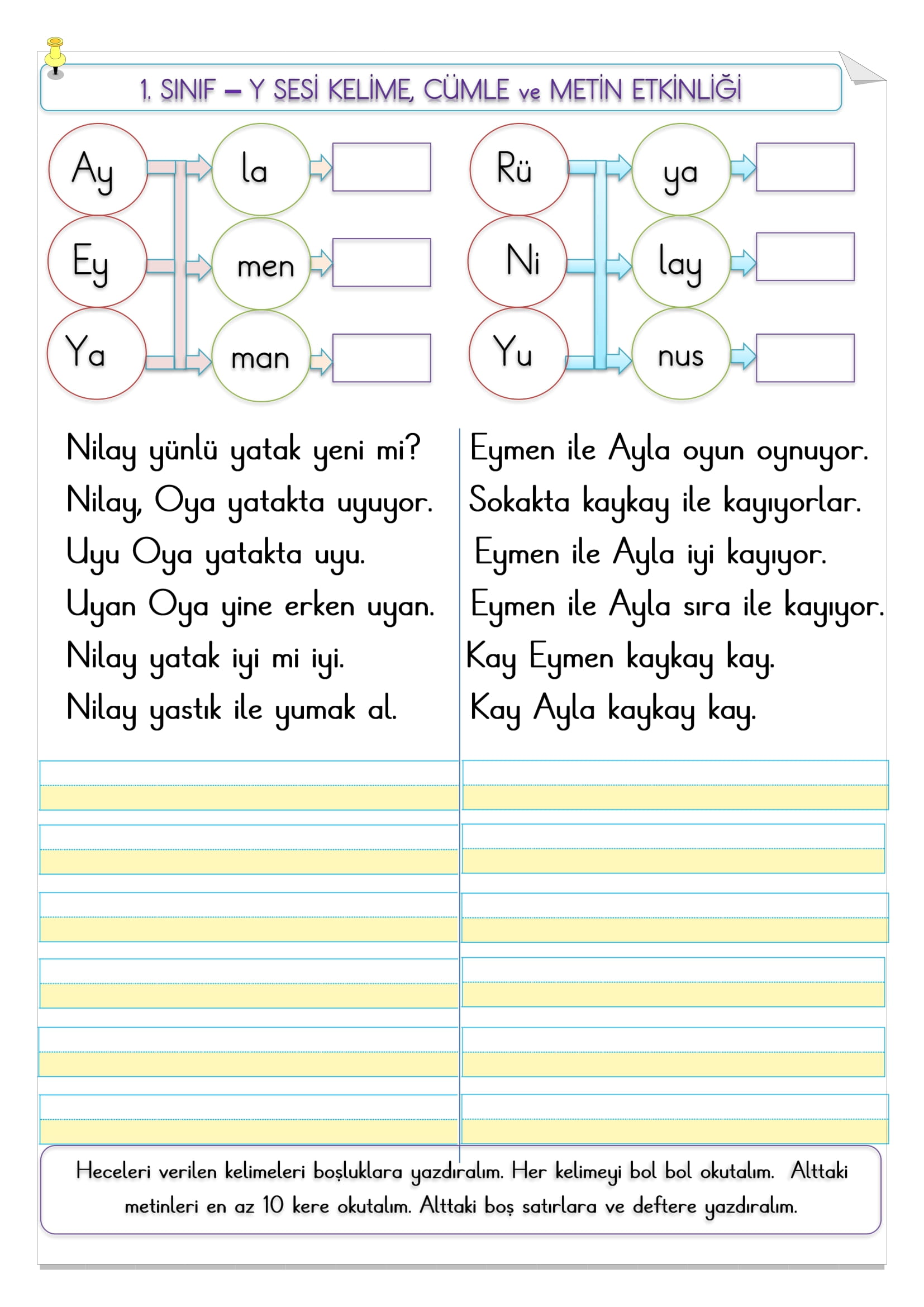 1.Sınıf  İlk Okuma Yazma Y Sesi Kelime, Cümle ve Metin Etkinliği